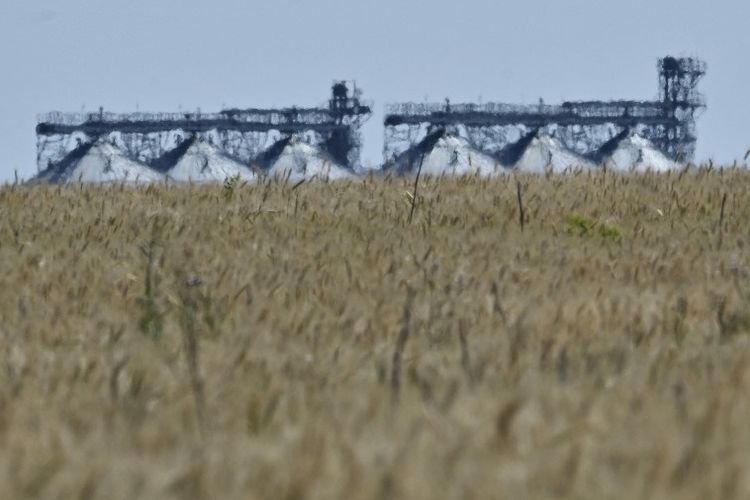 Sebuah foto menunjukkan lift gandum di belakang ladang gandum di wilayah timur Ukraina, Donbas, pada 1 Juli 2022, di tengah invasi militer Rusia yang diluncurkan ke Ukraina.