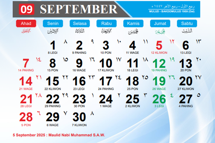 Kalender September 2025, cek libur nasional dan long weekend.
