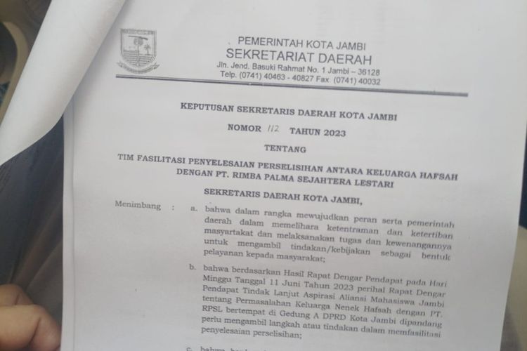 Surat keputusan sekretariat daerah pemerintah Kota Jambi.