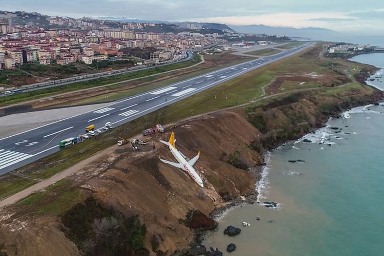 Posisi pesawat Boeing 737 milik Pegasus Airlines yang nyaris terperosok ke dalam laut saat mendarat di bandara Trabzon, Sabtu (13/1/2018).