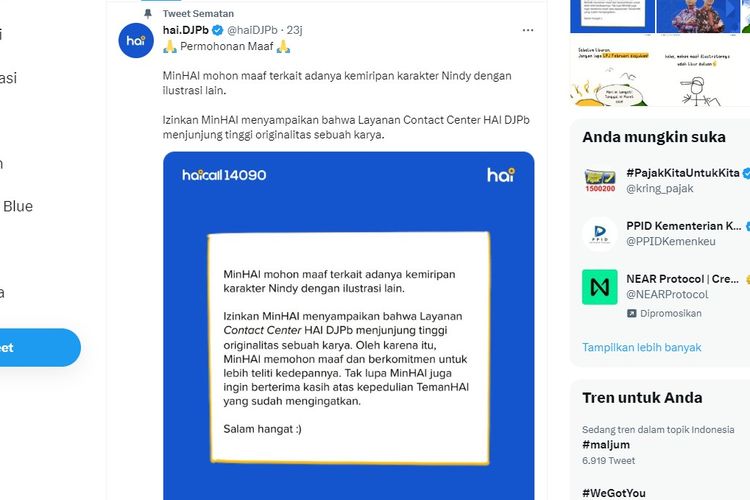 Akun Twitter DJPb Kemenkeu meminta maaf