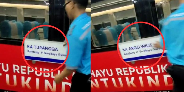 Tangkapan layar video petugas KAI membalik papan nama KA Turangga menjadi KA Argo Wilis.