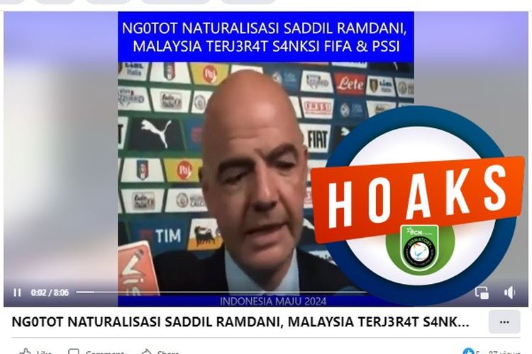 Tangkapan layar Facebook narasi yang menyebut Malaysia mendapat sanksi dari FIFA karena ngotot menaturalisasi Saddil Ramdani 
