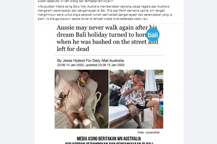 Tangkapan layar unggahan soal warga negara asing (WNA) asal Australia disebut mengalami perampokan dan penganiayaan di Bali.