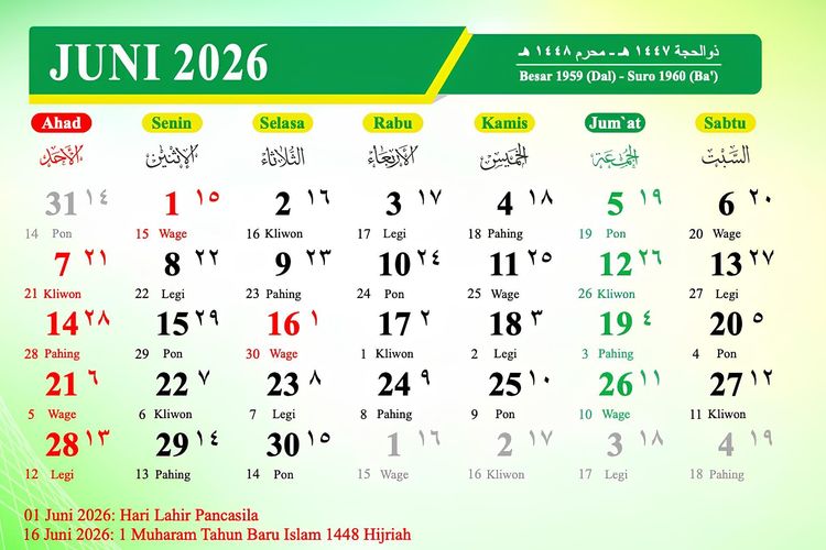 Kalender Juni 2026: Daftar Lengkap 6 Tanggal Merah dalam Sebulan