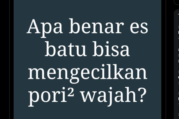 Tangkapan layar unggahan soal warganet yang menanyakan apakah betul es batu bisa mengecilkan pori-pori wajah pada Sabtu (9/4/2022).