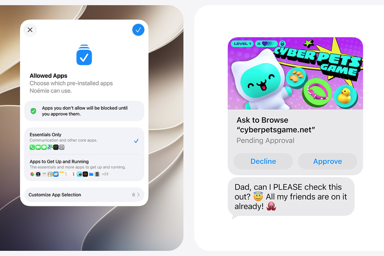 Fitur Child Safety di iOS 27 yang memungkinkan orang tua mengatur aplikasi, website, dan konten yang bisa diakses anak-anak, serta mengatur batas waktu anak mengakses aplikasi.