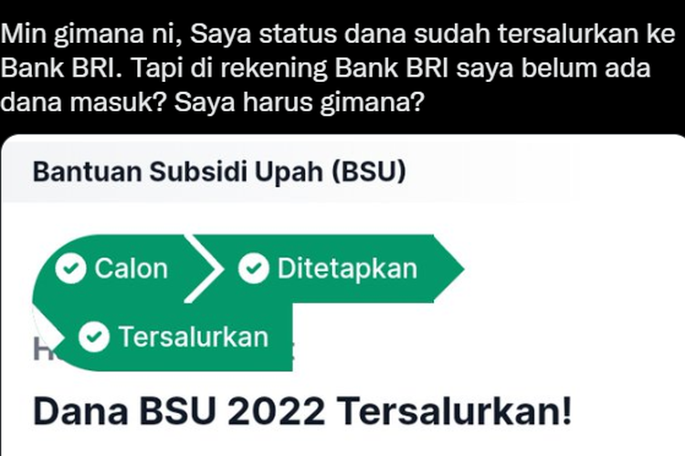 Tangkapan layar twit soal status BSU tersalurkan namun dana belum masuk ke rekening.