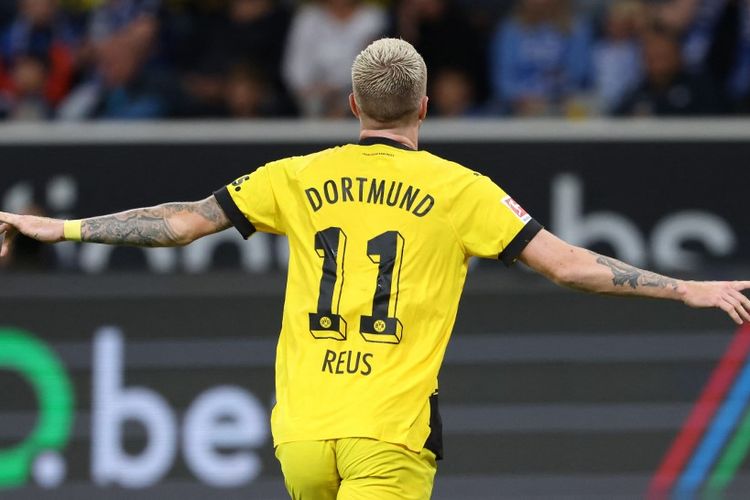 Marco Reus merayakan gol ke gawang Hoffenheim pada laga Bundesliga, 29 September 2023. Terkini, Reus mengumumkan bahwa dirinya akan meninggalkan Borussia Dortmund setelah musim 2023-2024 berakhir.