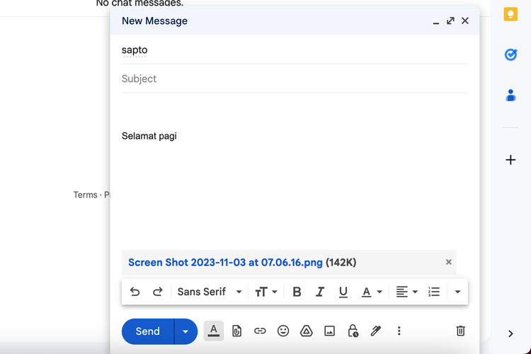 Ilustrasi cara mengirim e-mail dengan lampiran di Gmail.