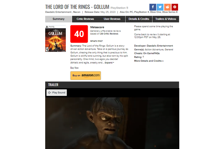 Skor The Lord of the Rings: Gollum di Metacritic