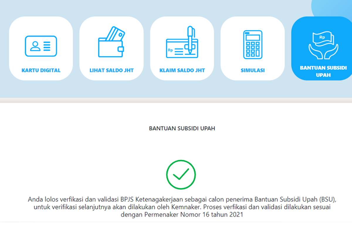 Tangkapan layar tampilan menu Bantuan Subsidi Upah pada laman sso.bpjsketenagakerjaan.go.id.