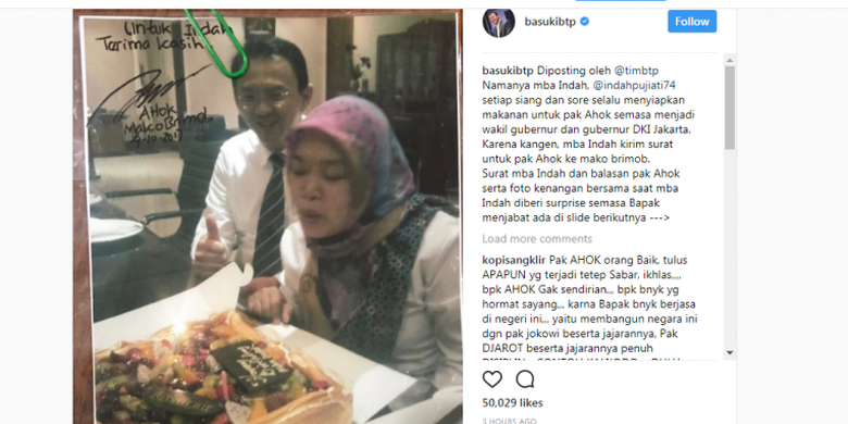 Foto yang diunggah di akun Instagram Basuki Tjahaja Purnama atau Ahok. Dalam foto itu, Ahok nampak bersama Indah Pujiati, mantan pelayannya di Balai Kota.