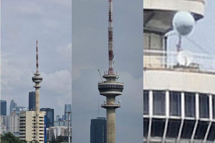 Perbedaan magnifikasi (bidang pandang) kamera telephoto Galaxy S20 Ultra di tingkat zoom 4x (foto kiri), 10x (foto tengah), dan 100x (foto kanan). Zoom 10x lebih kurang masih setajam zoom 4x, sementara tingkat ketajaman sudah jauh berkurang di zoom 100x yang mengandalkan pembesaran digital. Obyek foto adalah menara TVRI setinggi 147 meter dengan jarak sekitar 700 meter dari lokasi pemotraten di Menara Kompas, Palmerah, Jakarta Barat. 