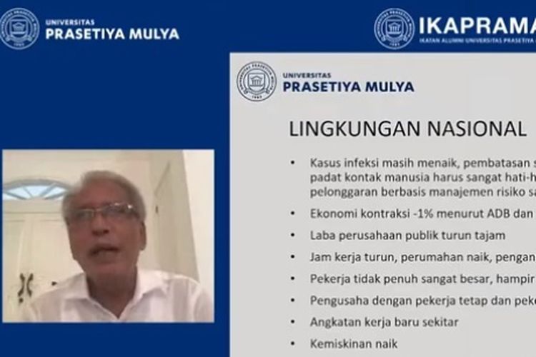 Rektor Prasetya Mulya Djisman S Simandjuntak dalam acara diskusi dengan tajuk Bangun UMKM di Tengah Multikrisis