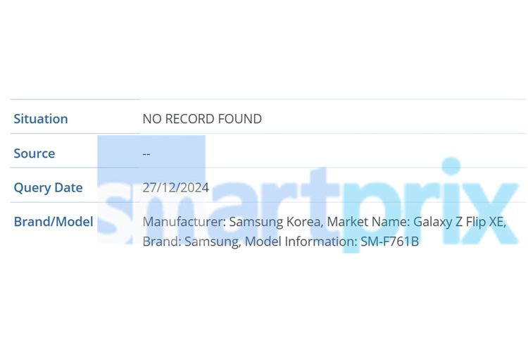 Database GSMA yang menunjukkan kemunculan smartphone lipat Samsung, yakni Galaxy Z Flip FE