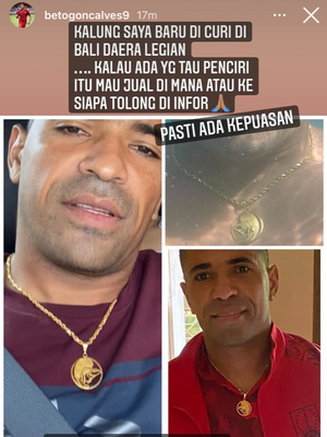 Pemain Madura United Beto Goncalves mengumumkan melalui Story Instagram terkait siapa yang bisa menemukan kalung akan memberi imbalan.