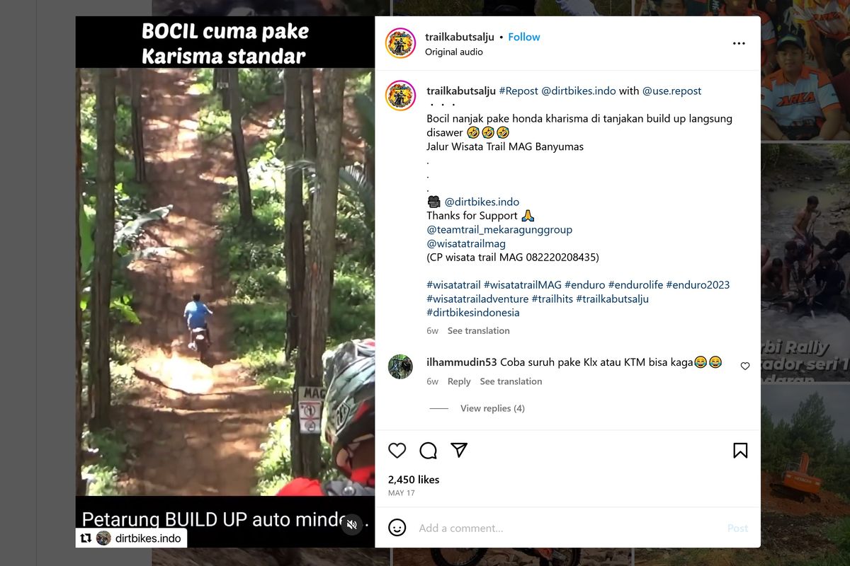 Video viral di media sosial memperlihatkan seorang bocang menggunakan Honda Karisma modifikasi mampu menghajar tanjakan yang biasa dijadikan tantangan pegiat motor trail.
