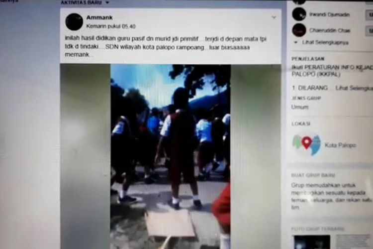 Sebuah video yang menampilkan murid-murid Sekolah Dasar (SD) berkelahi  dan mengeroyok siswa lainnya terjadi di area sekolah  di Kota Palopo,  Sulawesi Selatan. Video tersebut kini tersebar luas di media sosial Facebook. (Rabu (11/12/2019)