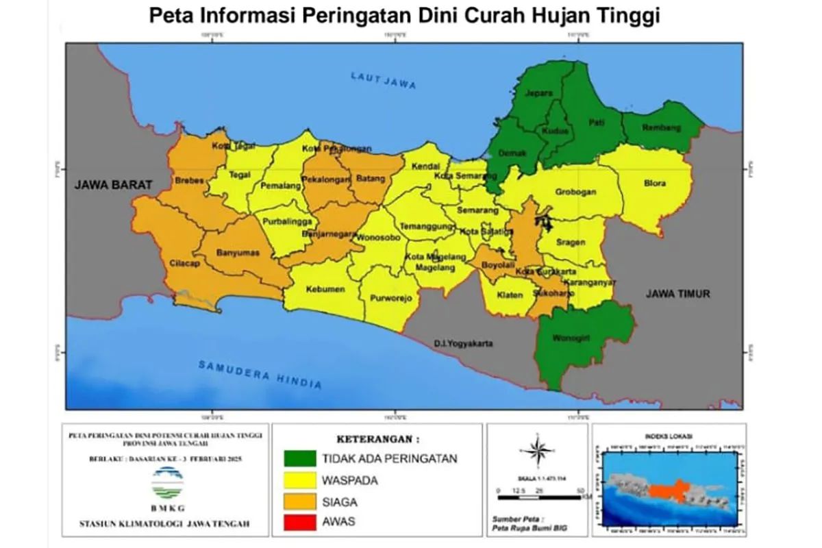 Peta informasi peringatan dini curah hujan tinggi di Provinsi Jawa Tengah pada dasarian ketiga bulan Februari 2025.