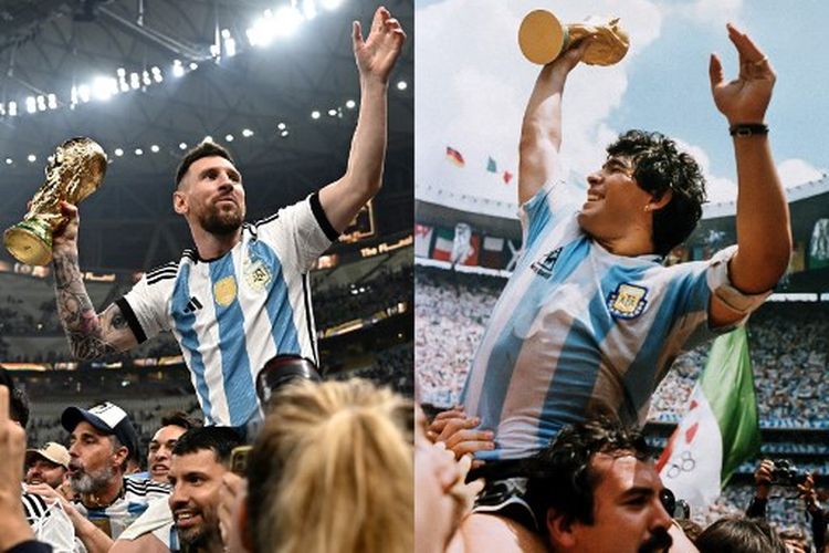 Kolase gabungan foto Lionel Messi (kiri) mengangkat trofi emas Piala Dunia 2022 Qatar di Lusail Stadium pada Minggu (18/12/2022) dan Diego Maradona (kanan) saat merayakan keberhasila timnas Argentina mengalahkan Jerman Barat 3-2 pada final Piala Dunia 1986 di Azteca Stadium, 29 Juni 1986.