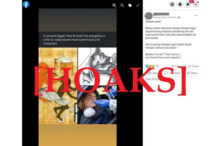 Tangkapan layar hoaks tes swab berasal dari zaman Mesir Kuno dan merusak amigdala oleh sebuah akun Facebook.