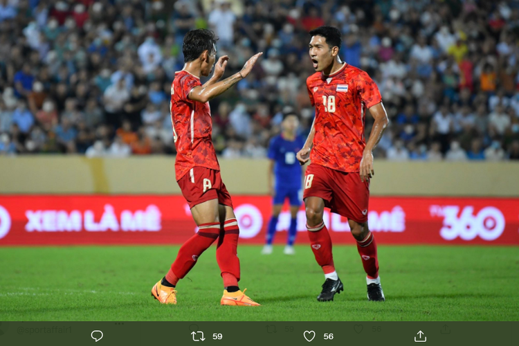 Tangkapan layar Twitter tim nasional Thailand yang menangkap momen laga kontra Kamboja dalam lanjutan fase grup sepak bola SEA Games 2021 di Stadion Thien Truong, Nam Dinh, Vietnam, pada Sabtu (14/5/2022) malam WIB.