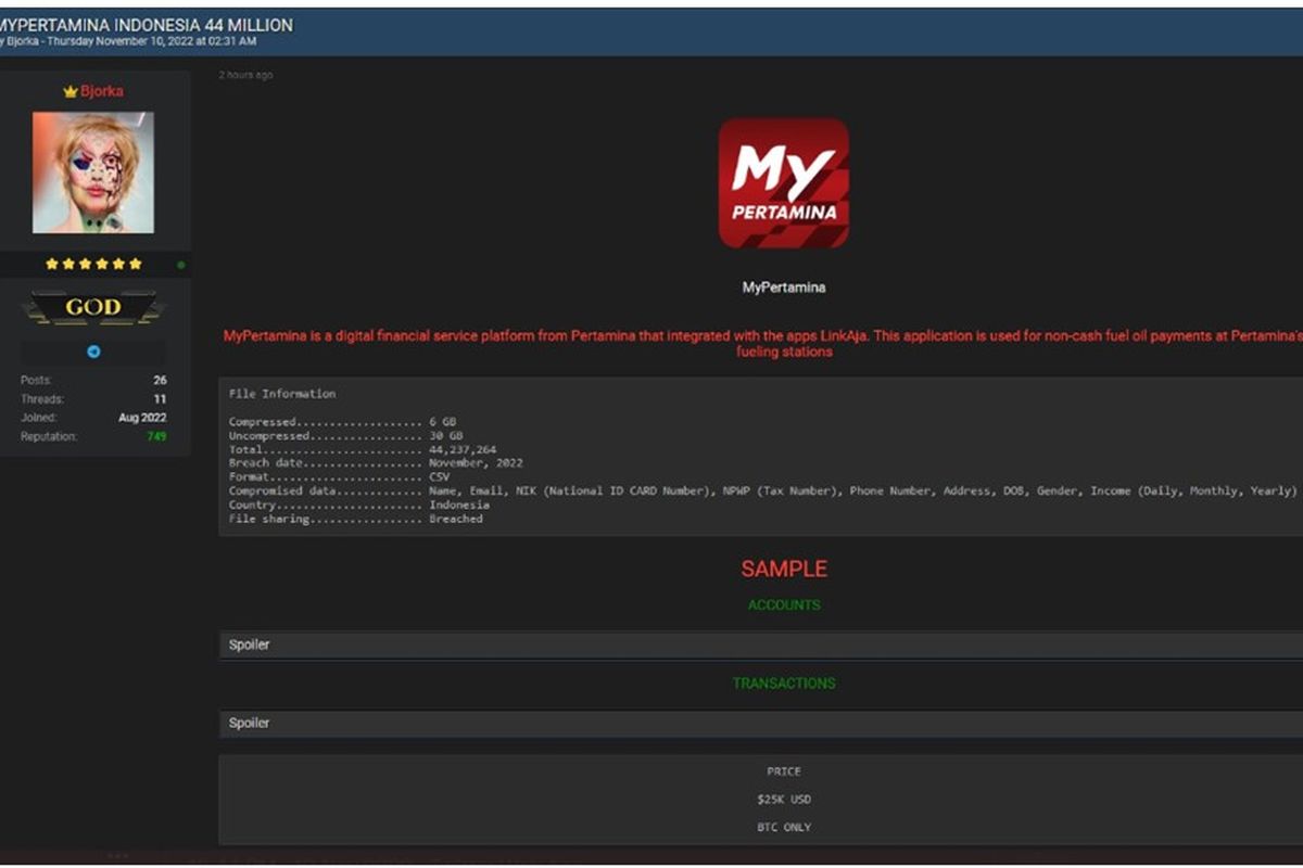 Tangkapan layar Bjorka mengklaim telah meretas 44 juta data MyPertamina. 