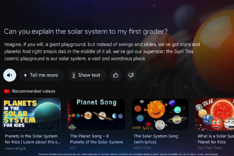 Ilustrasi tampilan Gemini di perangkat Google TV. Lewat perangkat ini, pengguna bisa meminta rekomendasi tontonan yang sesuai dengan usia penonton, atau mencari film berdasarkan genre tertentu.