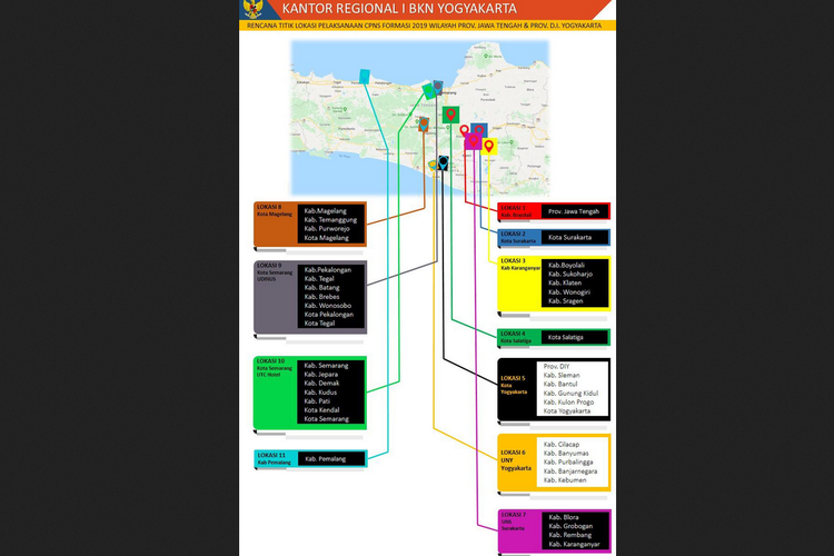 Beredar sebiah infografik yang menjelaskan titik-titik lokasi pelaksanaan CPNS 2019 wilayah Daerah Istimewa Yogyakarta dan Jawa Tengah.