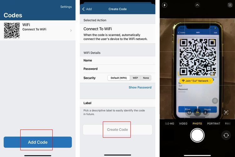 Ilustrasi cara membagikan password WiFi di iPhone dengan kode QR melalui Visual Code.
