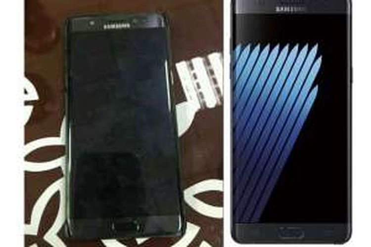 Foto wujud asli Samsung Galaxy Note 7 (kiri) dan foto resmi Galaxy Note 7 untuk media (kanan).