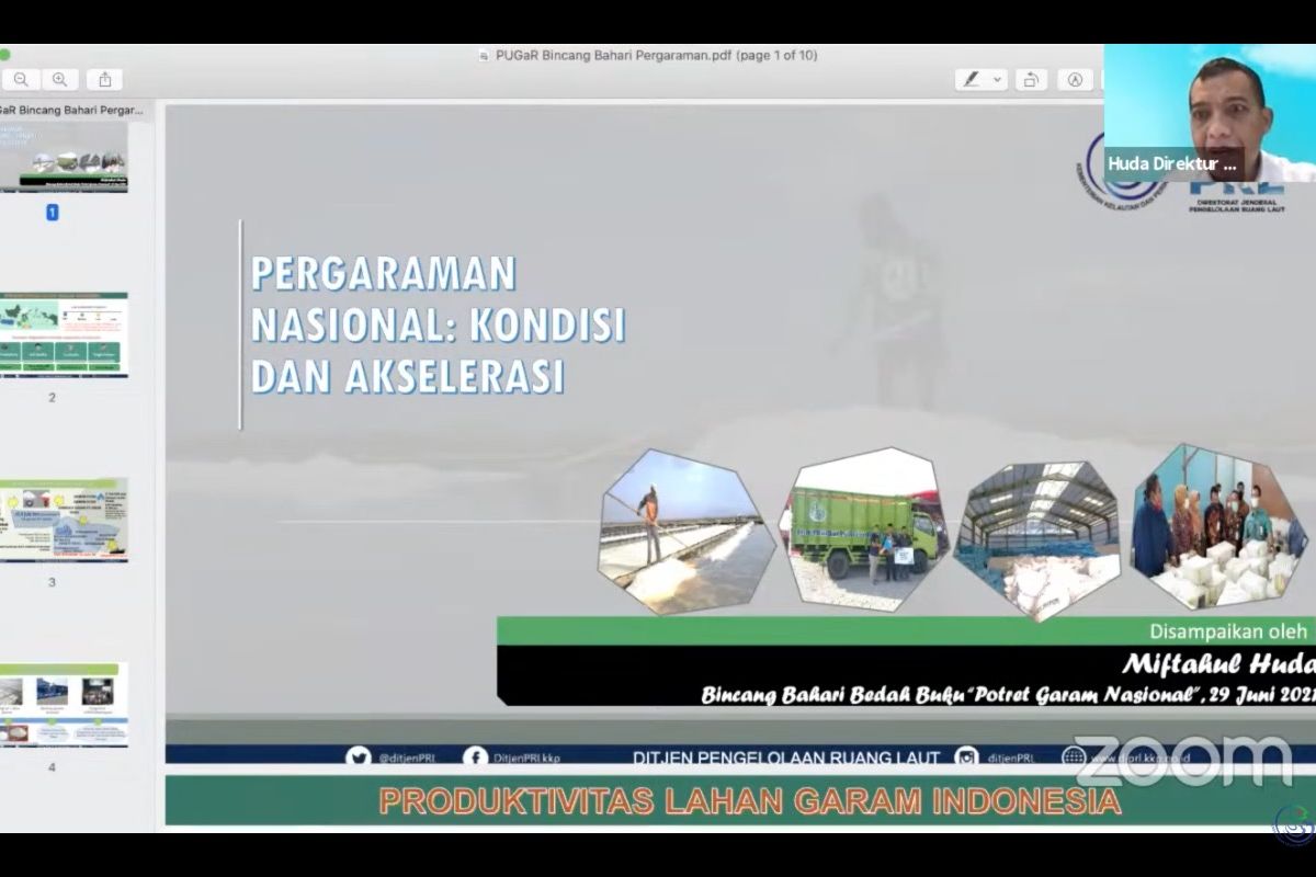 Direktur Jasa Kelautan Direktorat Jenderal (Ditjen) Pengelolaan Ruang Laut (PRL) Kementerian KP Miftahul Huda saat membedah buku pada kegiatan ?Bincang Bahari? secara daring, Selasa (29/6/2021).
