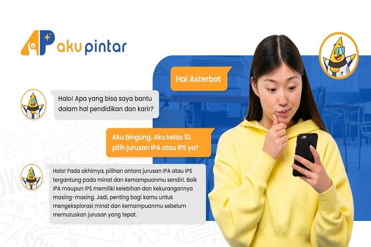 AI Chatbot bernama Asterbot dari Aku Pintar Indonesia merupakan konselor AI pendidikan pertama di Tanah Air. Dengan fitur ini, siswa dapat ngobrol layaknya berbincang bersama teman untuk membahas berbagai topik