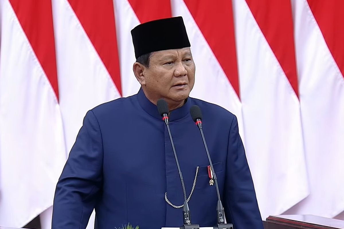 Presiden Prabowo Subianto menyampaikan pidato perdananya usai dilantik, Minggu (20/10/2024) di Gedung MPR.