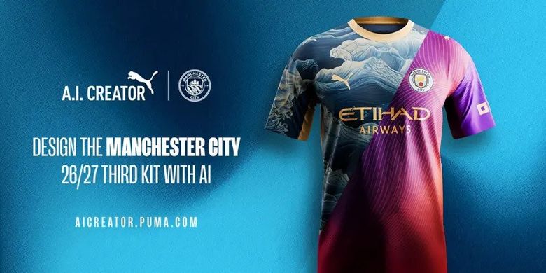 Klub sepakbola Manchester City mengadakan kompetisi desain jersey menggunakan tool generative AI, Puma AI Creator. Kompetisi ini bisa diikuti fans Manchester City.