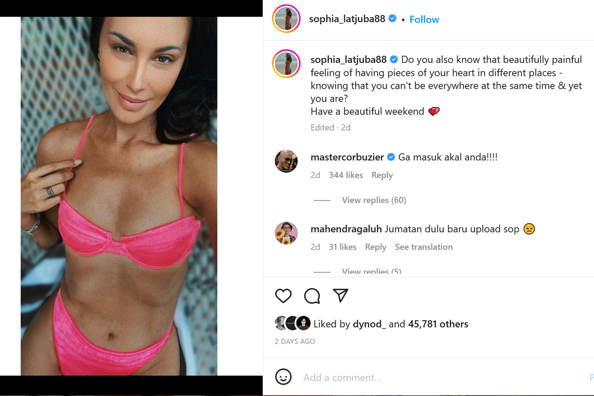 Sophia Latjuba mengunggah tubuh singset berbikini di unggan terbaru Instagramnya