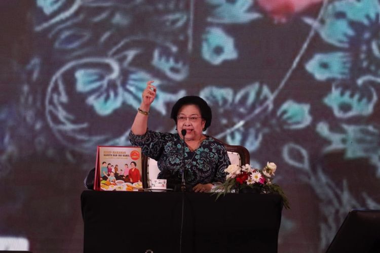 Presiden kelima RI Megawati Soekarnoputri dalam acara peluncuran buku Resep Makanan Baduta dan Ibu Hamil untuk Generasi Emas Indonesia’, Senin (8/8/2022).