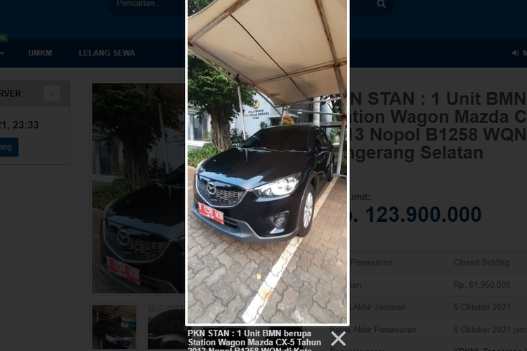 Tangkapan layar laman lelang Mazda CX-5 yang akan diselenggarakan pemerintah di situs lelang.go.id