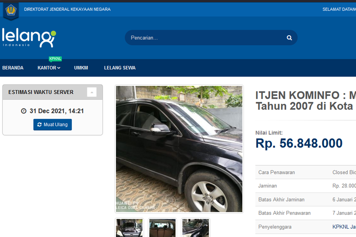 Lelang mobil murah di lelang.go.id (tangkapan layar)