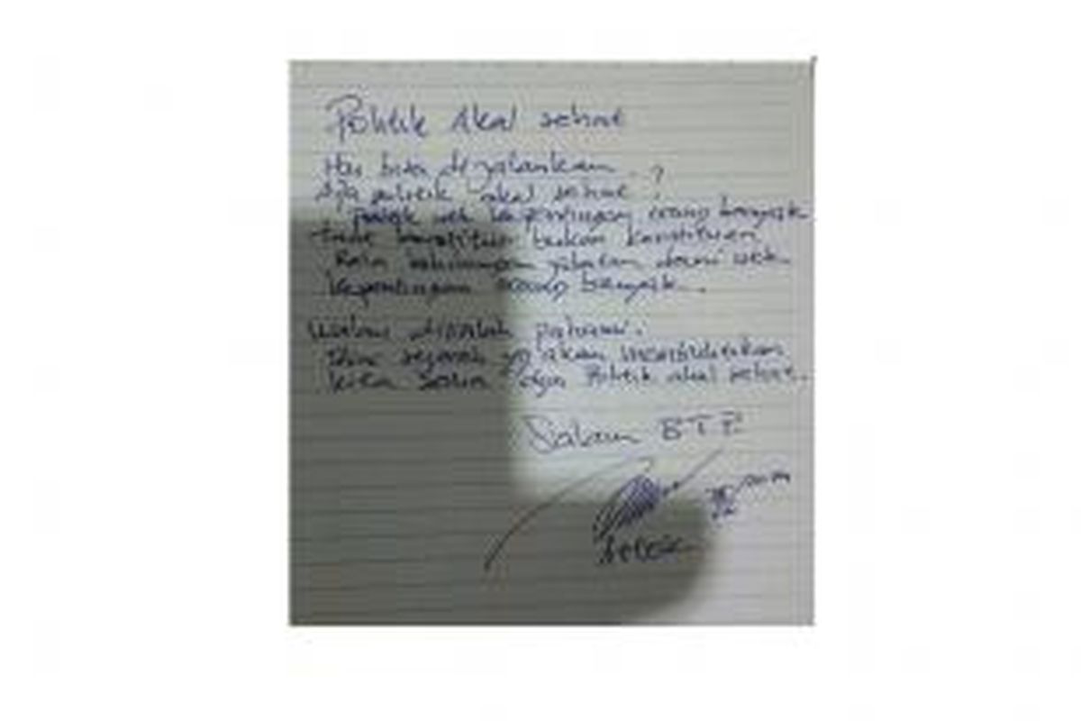 Contoh tulisan tangan Wakil Gubernur DKI Jakarta Basuki Tjahaja Purnama yang dianalisis memakai metodologi grafologi, Jumat (12/9/2014).