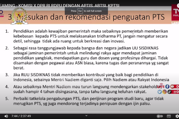 Masukan  APTISI (Asosiasi Perguruan Tinggi Swasta Indonesia) dalam RPDU bersama Komisi X DPR RI, Selasa (20/9/2022).