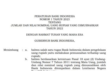 BI lakukan pemusnahan uang senilai Rp 189.144.105.929.515 triliun sepanjang tahun 2022.