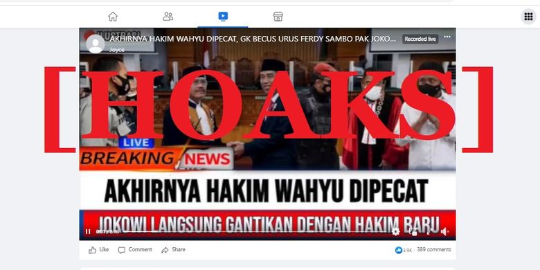 Tangkapan layar Facebook narasi yang menyebut bahwa hakim Wahyu Iman Santoso dipecat