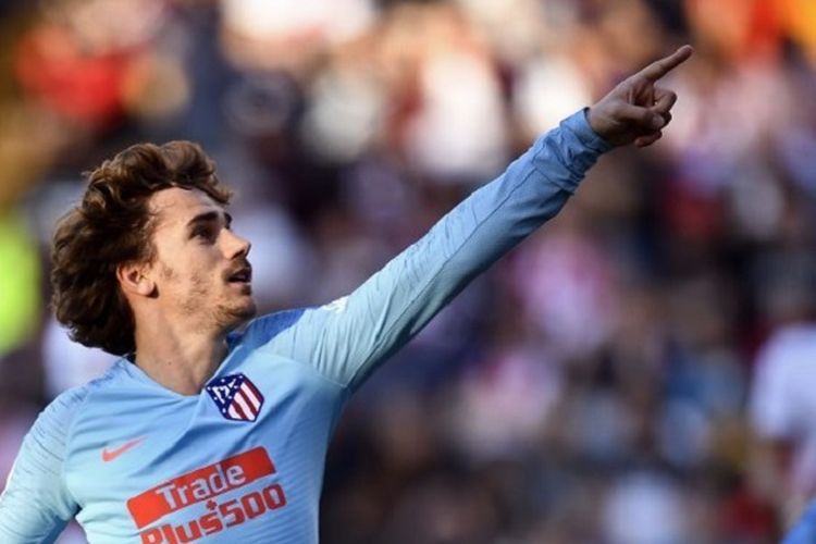 Gaya Antoine Griezmann seusai mencetak gol pada pertandingan Rayo Vallecano vs Atletico Madrid di Vallecas pada lanjutan La Liga Spanyol, 16 Februari 2019. 