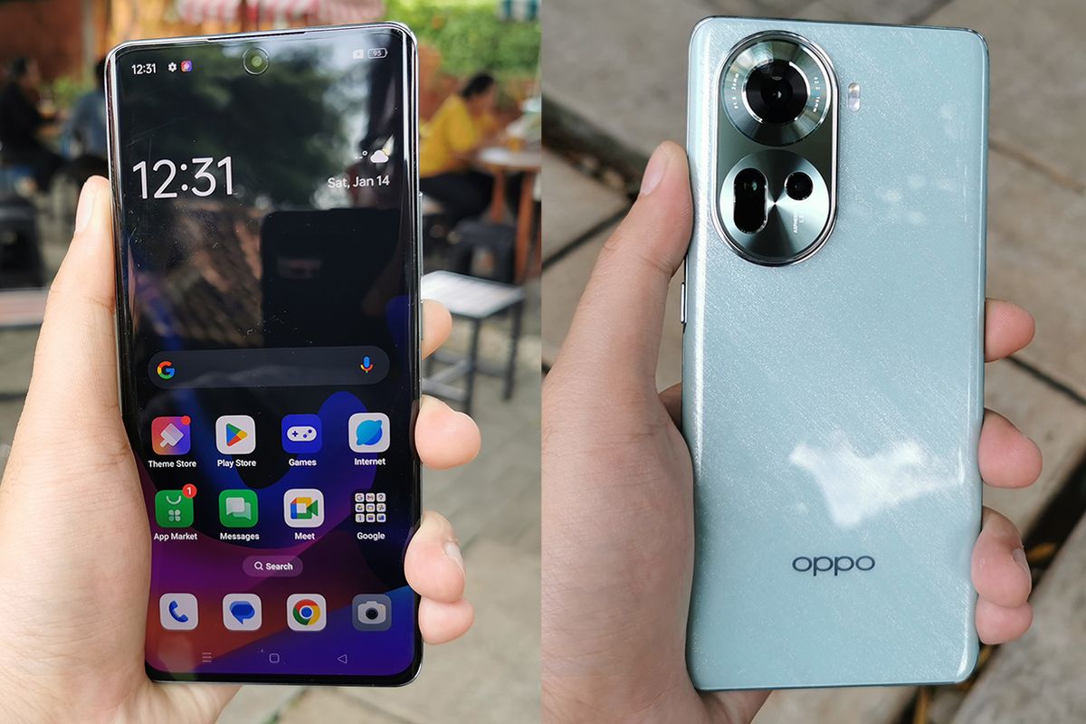 Bagian depan dan belakang Oppo Reno 11 5G varian warna Hijau Ombak