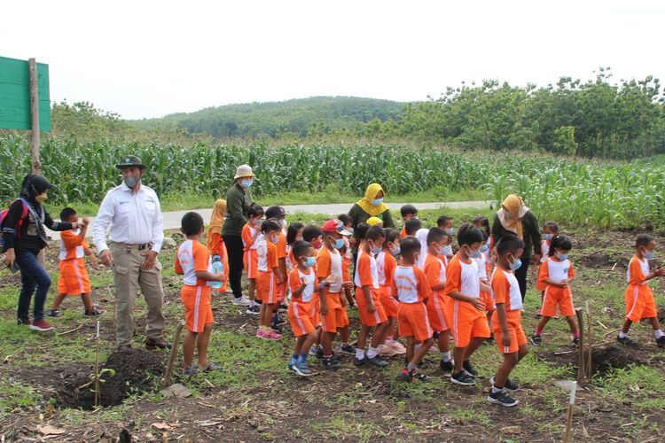 Puluhan murid TK Tunas Rimba I Gundih, Kecamatan Geyer, Grobogan menanam bibit pohon jati di lahan kosong kawasan hutan wilayah Desa Ngrandu, Kecamatan Geyer, Grobogan, Jumat (10/12/2021) pagi