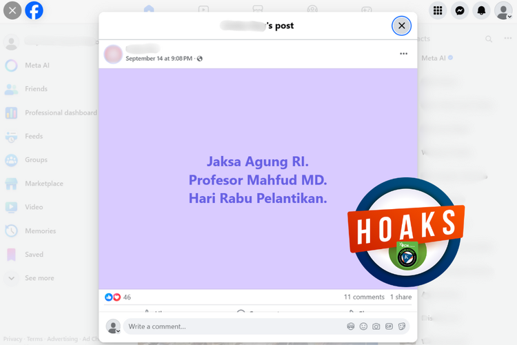 Tangkapan layar konten hoaks di sebuah akun Facebook, yang mengeklaim Mahfud MD dilantik menjadi Jaksa Agung pada September 2025.