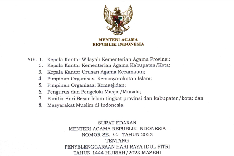 Tangkapan layar Surat Edaran Menteri Agama (SE Menag) Nomor 5 Tahun 2023 tentang Penyelenggaraan Hari Raya Idul Fitri 1444 Hijriah atau Lebaran 2023.