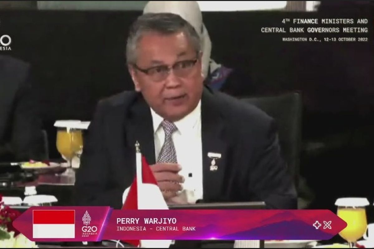 Gubernur Bank Indonesia (BI) Perry Warjiyo saat memberikan Welcoming Remarks Day 2 Pertemuan ke-4 Menteri Keuangan dan Gubernur Bank Sentral (4th FMCBG) G20 pada Rabu (13/10/2022).